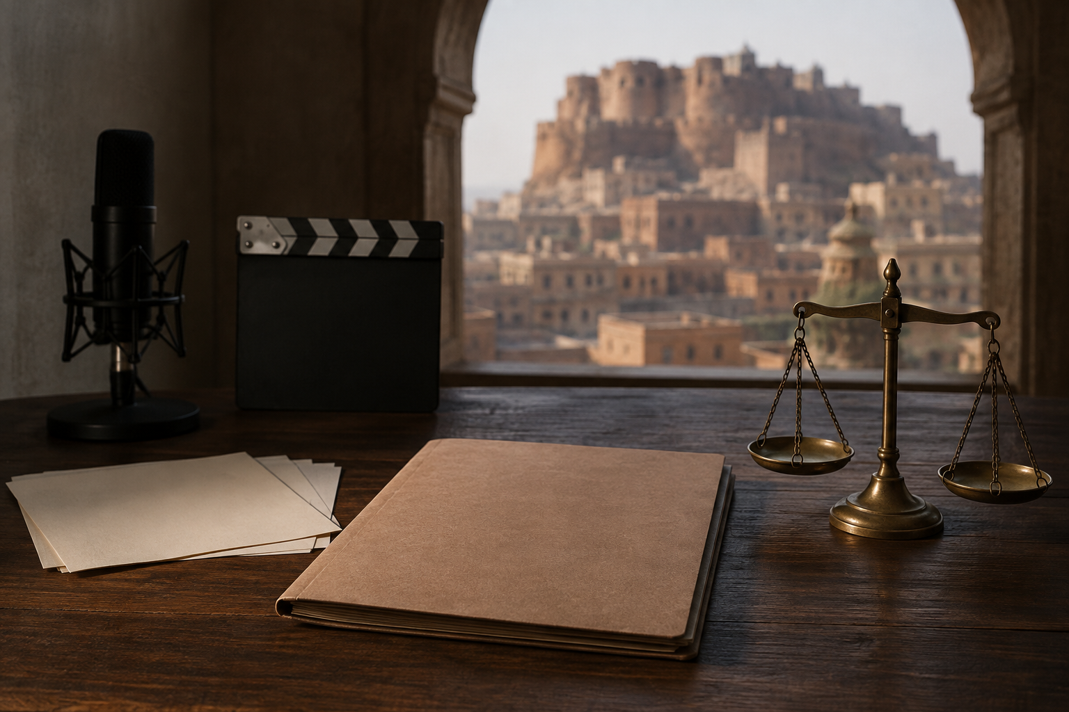 An unmarked case folder, balance scale, microphone and blank film clapperboard on a desk, with a sandstone fort visible through an arched window.
