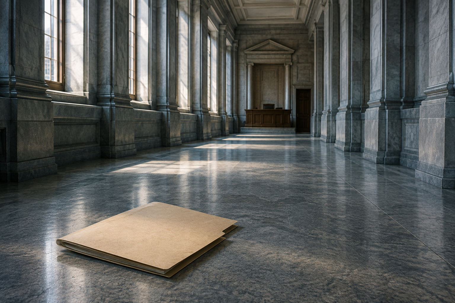 A plain folder lies in the foreground of an empty courthouse corridor, far from a closed courtroom and vacant judge's bench.