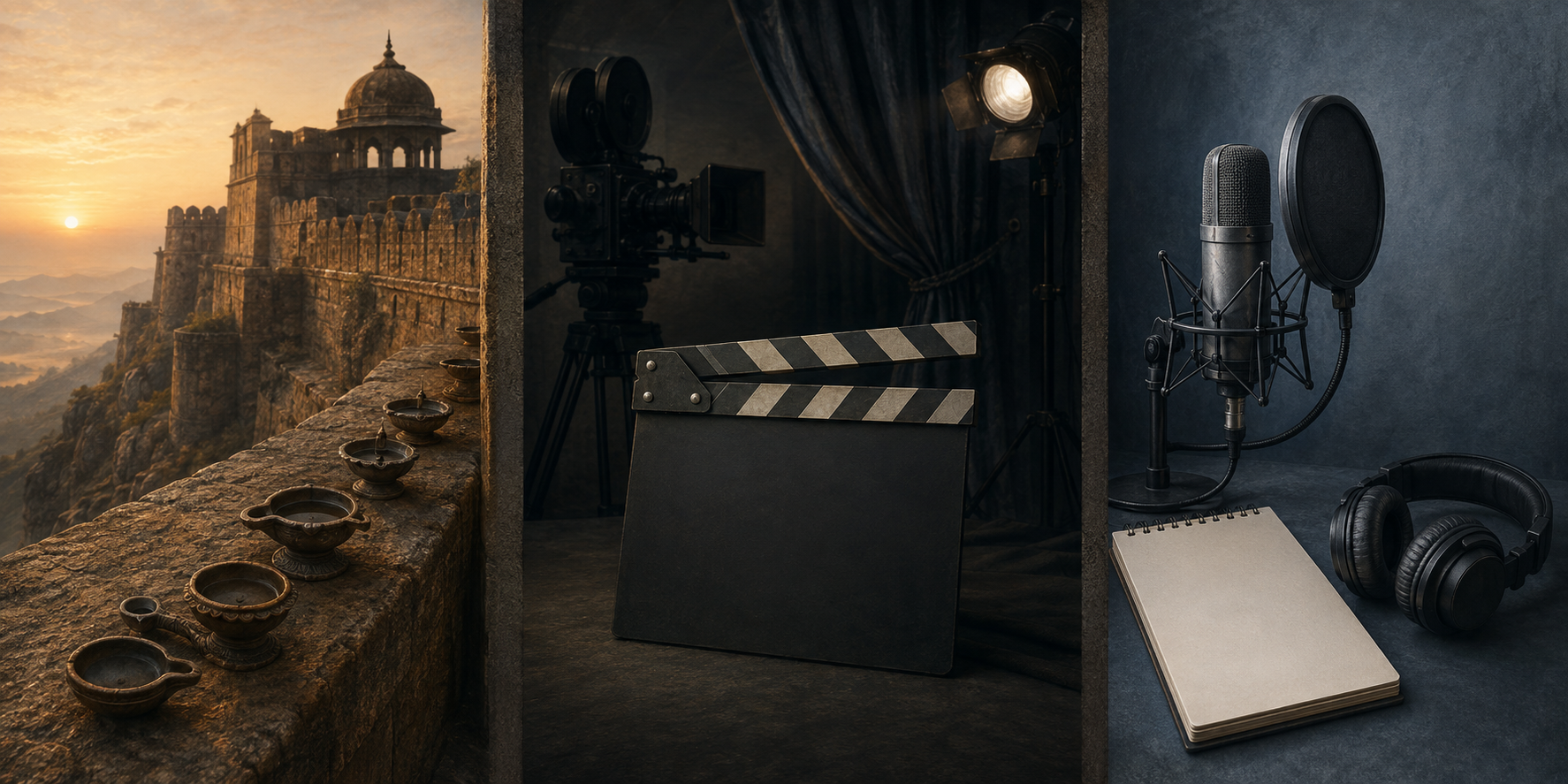 A wide three-part scene shows a hill fort with memorial lamps, an empty film set, and a studio microphone with a blank notepad in separate spaces.