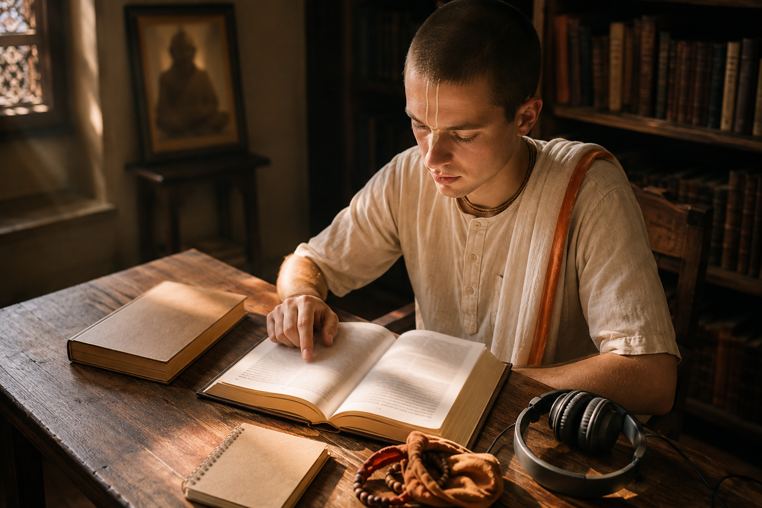 A Vaishnava student studies an open scripture at a wooden desk with a commentary volume, notebook, prayer beads, and headphones in a quiet library.