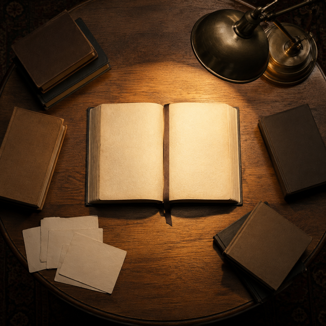 An open sacred volume lies in a circle of lamplight at the center of a table, surrounded by closed books and blank note cards.