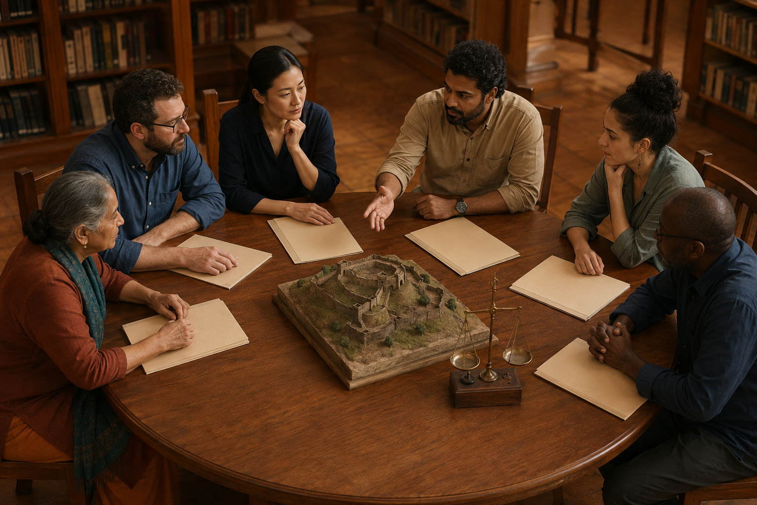 Fictional researchers and community participants discuss blank archival folders, a fort model and a balance scale around a library table.