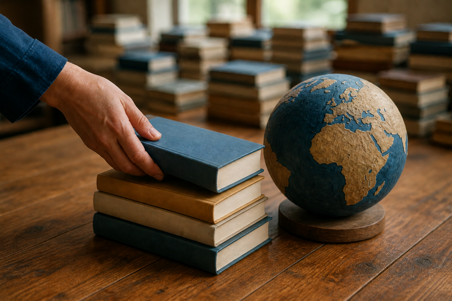 A hand adds one unmarked book to a small stack beside a handmade globe, with many book stacks softly blurred in the background.