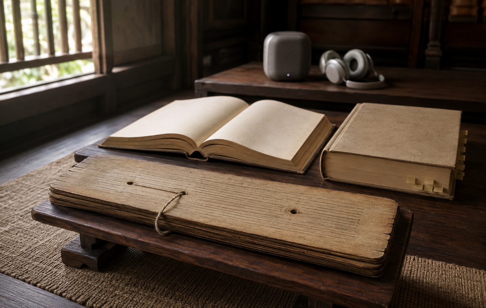 A scripture on a reading stand is arranged in front of an open translation, a thick commentary volume, headphones, and a small speaker.