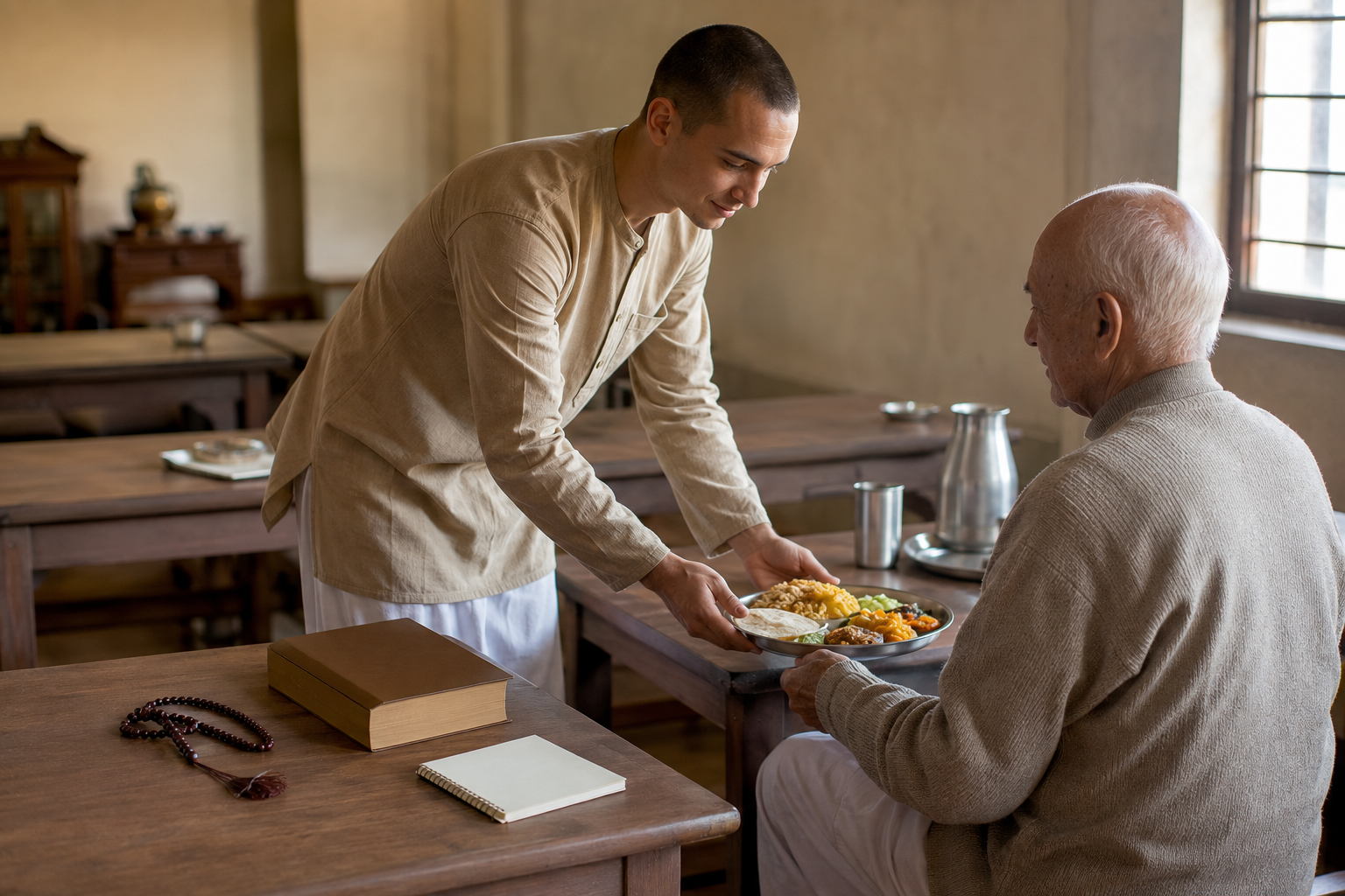 A devotee serves a meal to an elderly guest beside a closed book, prayer beads, and a notebook in a modest dining hall.