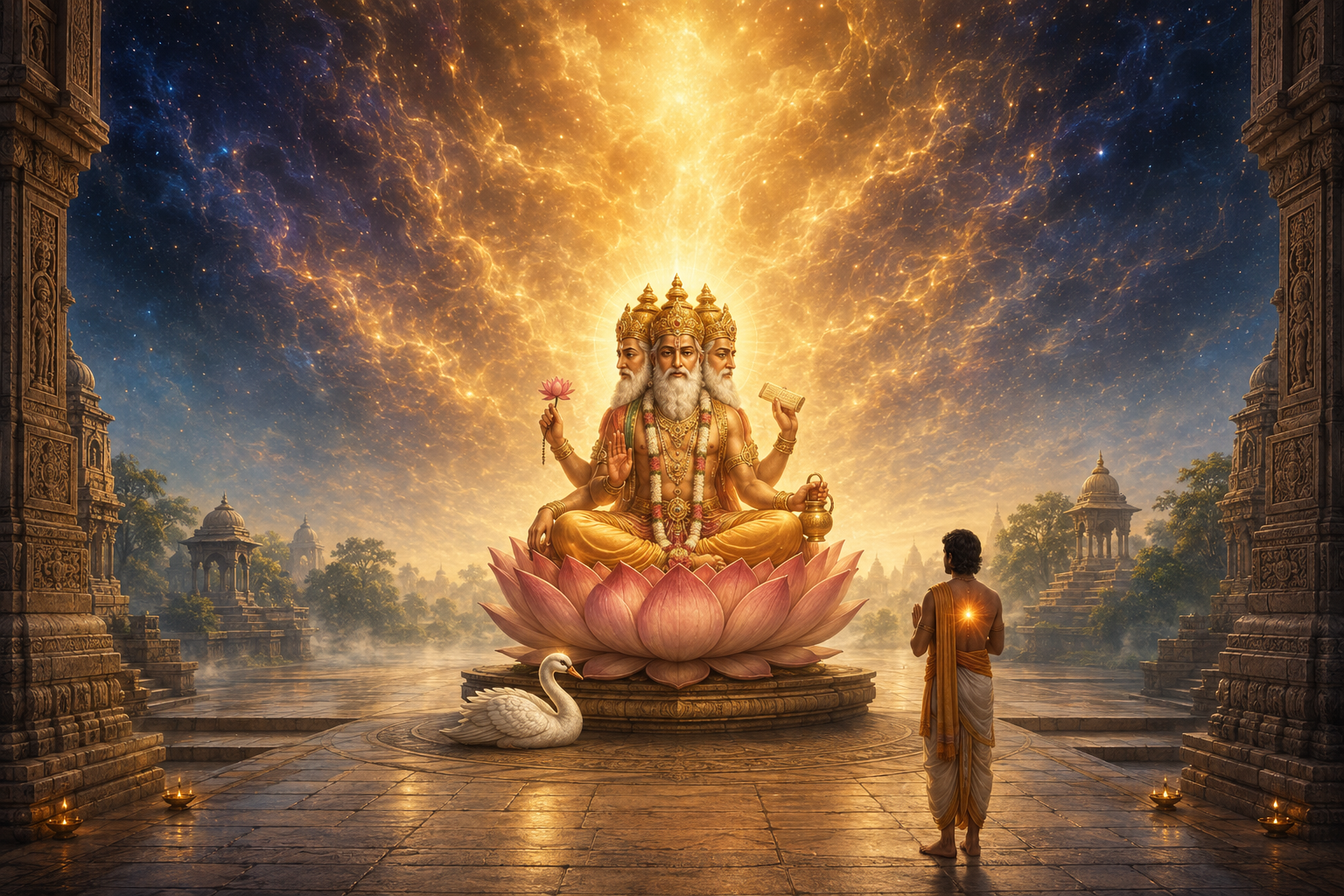 A four-faced Brahma sits on a lotus in a sandstone temple courtyard as a devotee faces him beneath a vast golden and indigo sky.