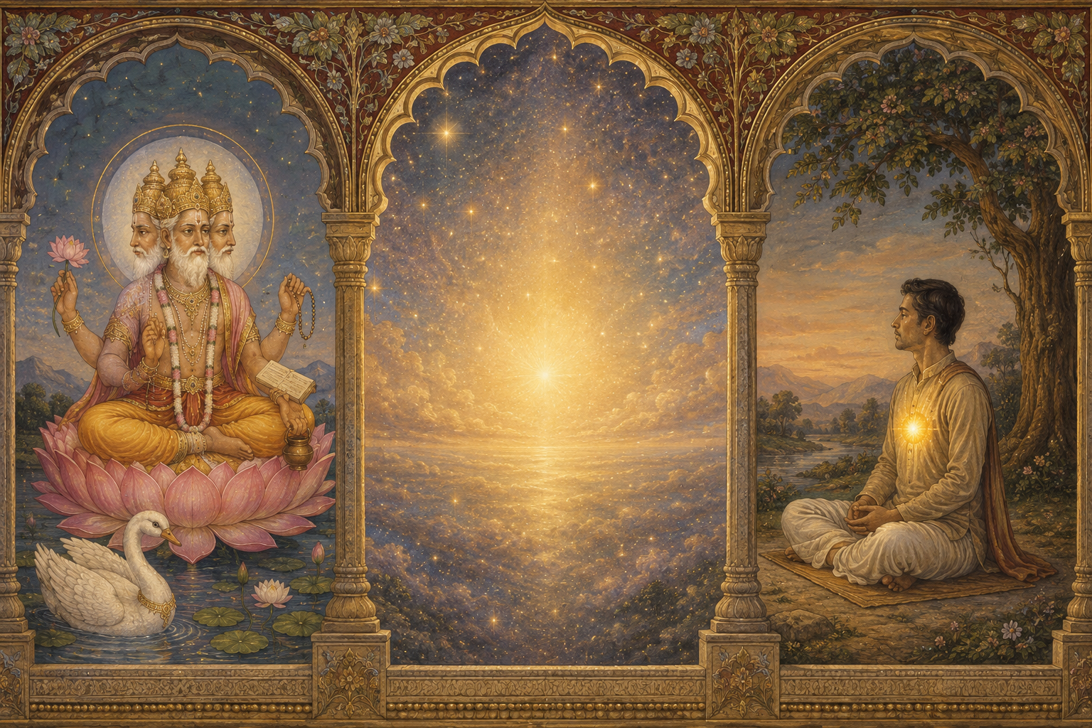 Three arched scenes show four-faced Brahma on a lotus, a formless field of light and stars, and a seated person with a small glow at the heart.