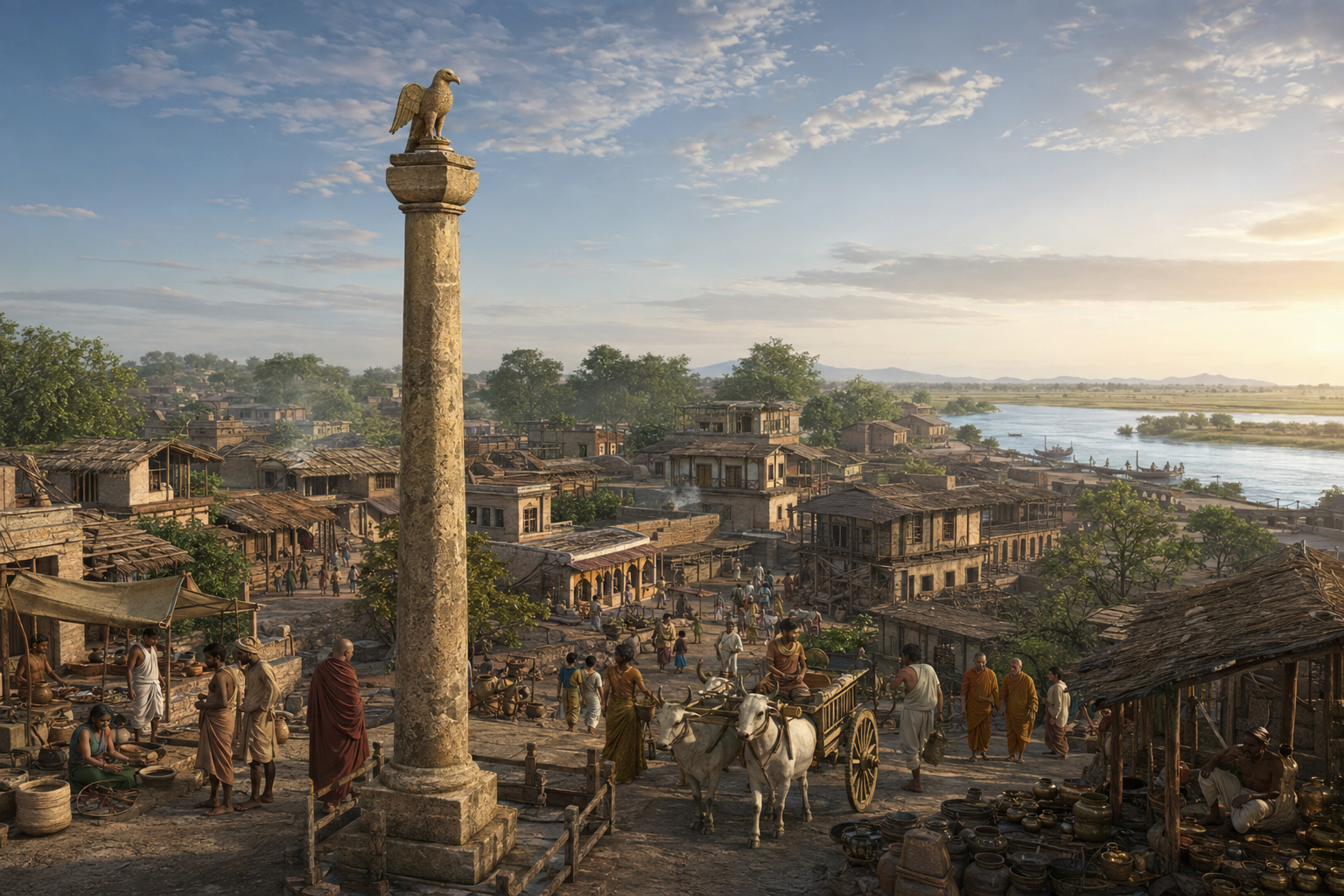 Reconstructed view of ancient Vidisha with the Heliodorus pillar overlooking roads, markets, buildings, travelers, and riverbanks.