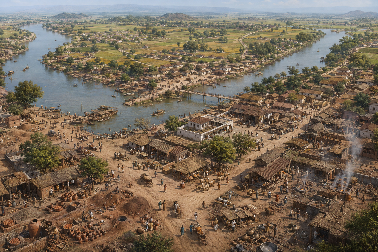 Panoramic reconstruction of ancient Vidisha beside rivers, with neighborhoods, workshops, markets, boats, roads, and surrounding farmland.
