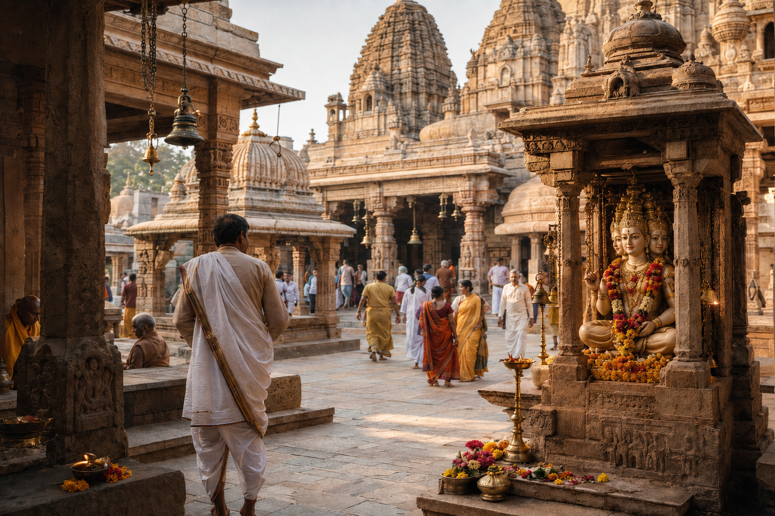 A pilgrim crosses a busy temple complex where a small, well-kept shrine to four-faced Brahma holds flowers and a burning lamp.