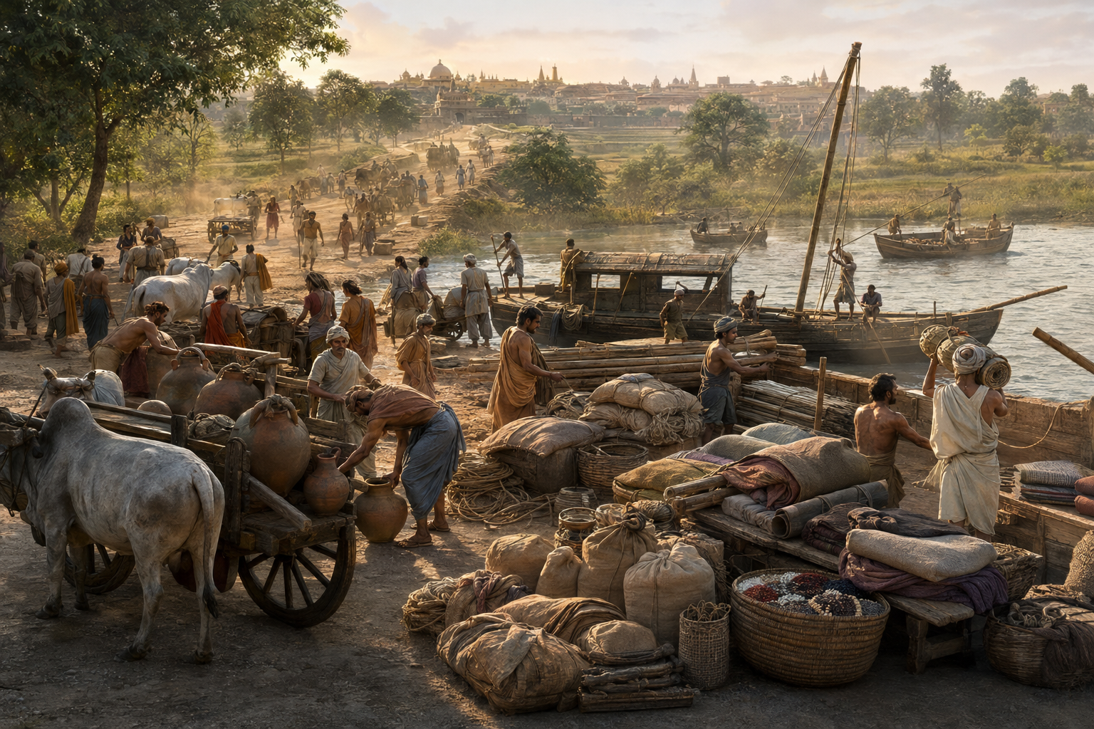 Merchants, porters, ox carts, pack animals, and wooden boats exchanging goods at a trade junction outside ancient Vidisha.