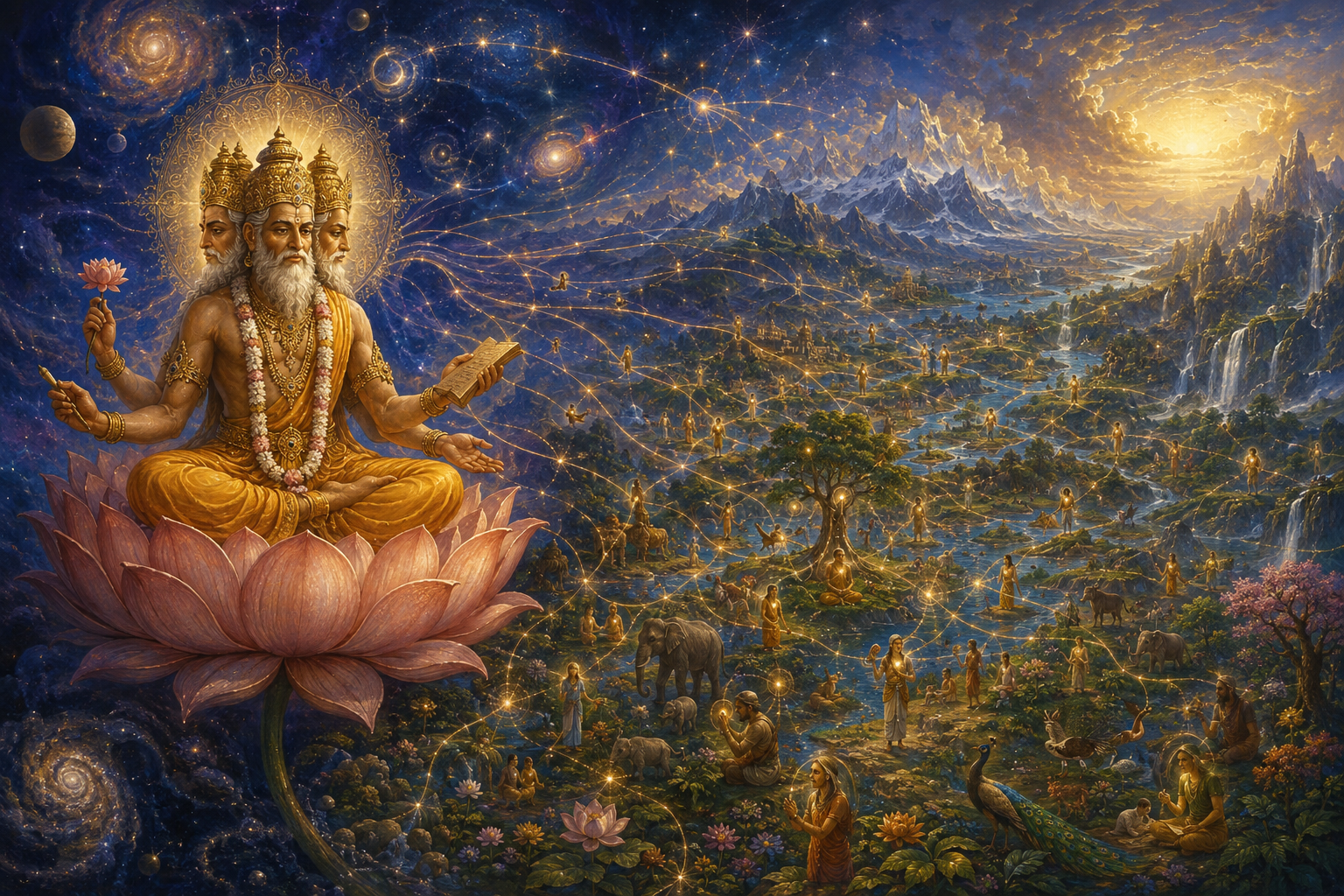 Four-faced Brahma sits on a lotus above an unfolding cosmos filled with landscapes, living beings, and human figures carrying points of inner light.