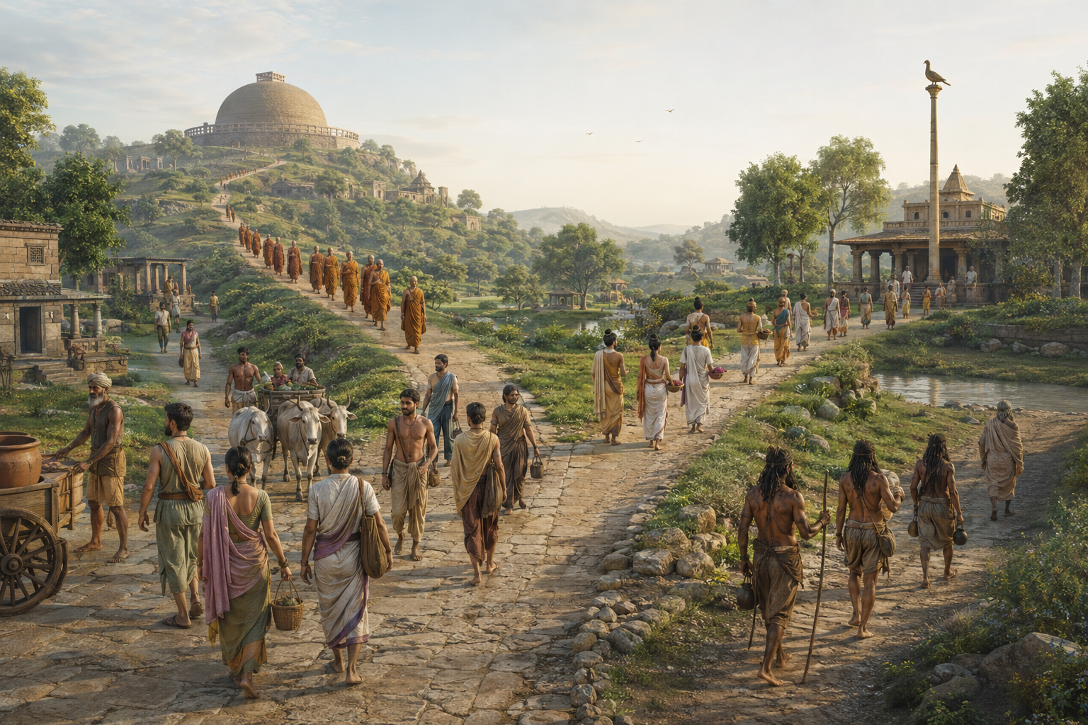 Different groups of monks, devotees, ascetics, families, and merchants travel toward separate sacred places in the landscape around ancient Vidisha.