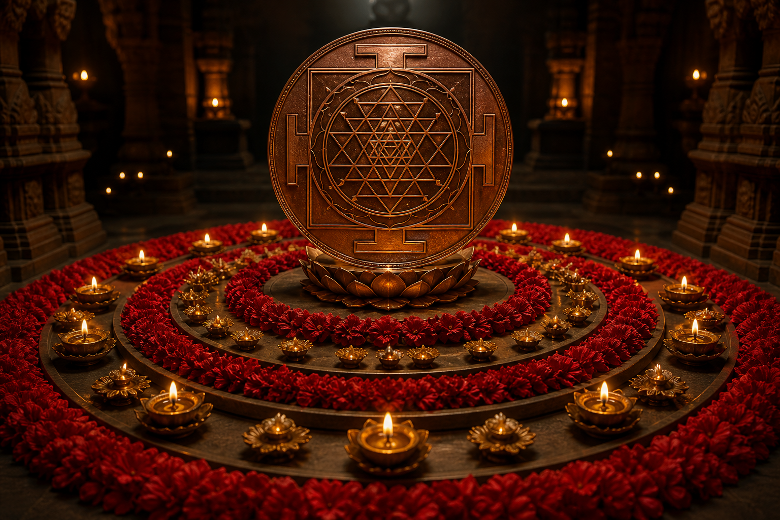 An upright copper Sri Chakra on a lotus pedestal is surrounded by orderly concentric rows of red flowers and glowing lamps.