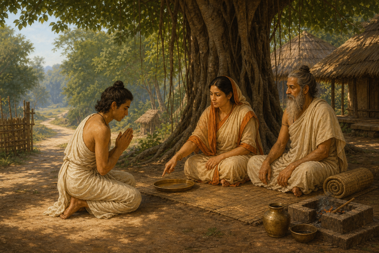 Utanka bows before his teacher and the teacher's wife at a forest hermitage as she gives him a final responsibility.