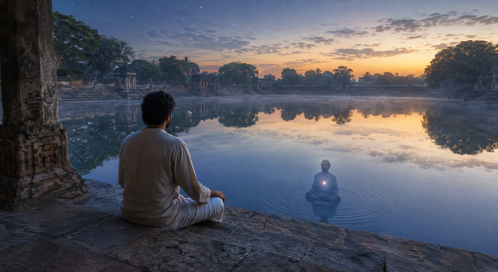 A solitary person meditates beside a still temple tank at dawn, with stars and a small heart-like glow reflected in the water.