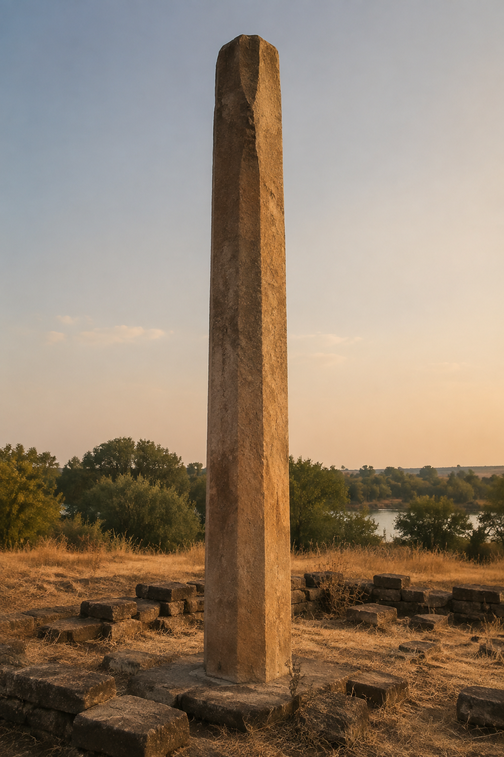 The weathered Heliodorus sandstone pillar stands among low archaeological remains and dry grass near Vidisha.