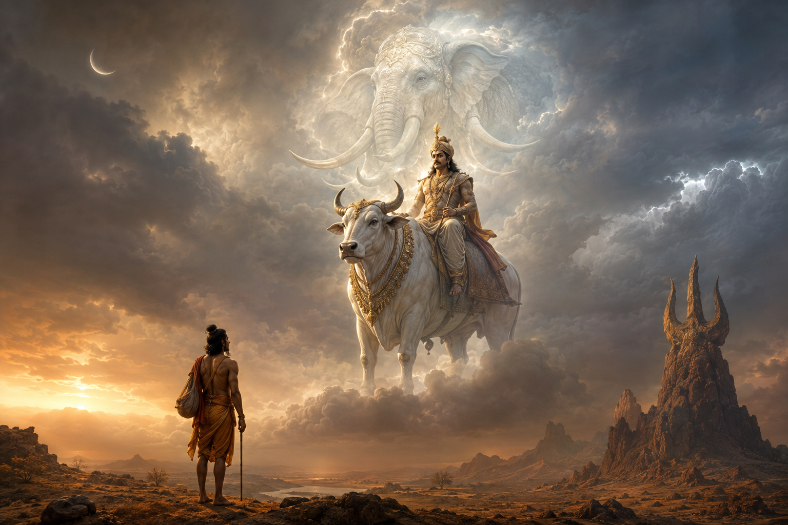 Utanka faces a mysterious celestial rider whose white bull-like mount transitions into the form of a white elephant beneath storm clouds and a crescent moon.