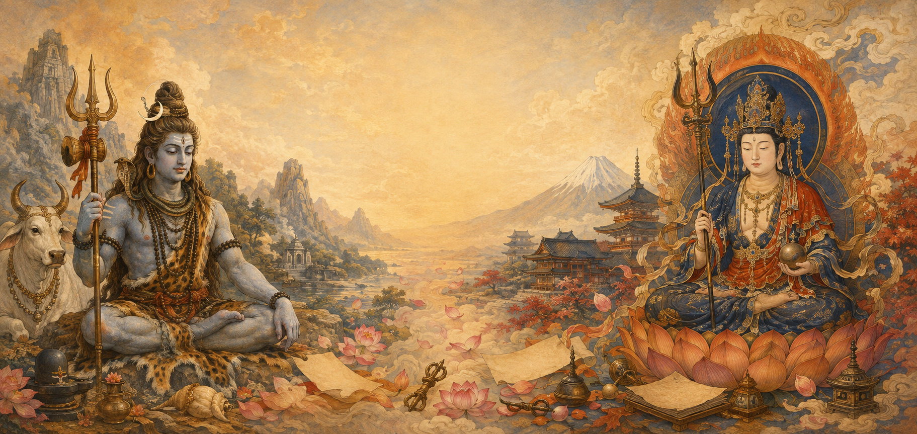 An illustration of Shiva as Maheshwara in an Indian setting opposite Daijizaiten in a Japanese Buddhist temple setting, connected by clouds, lotus petals, and ritual objects.
