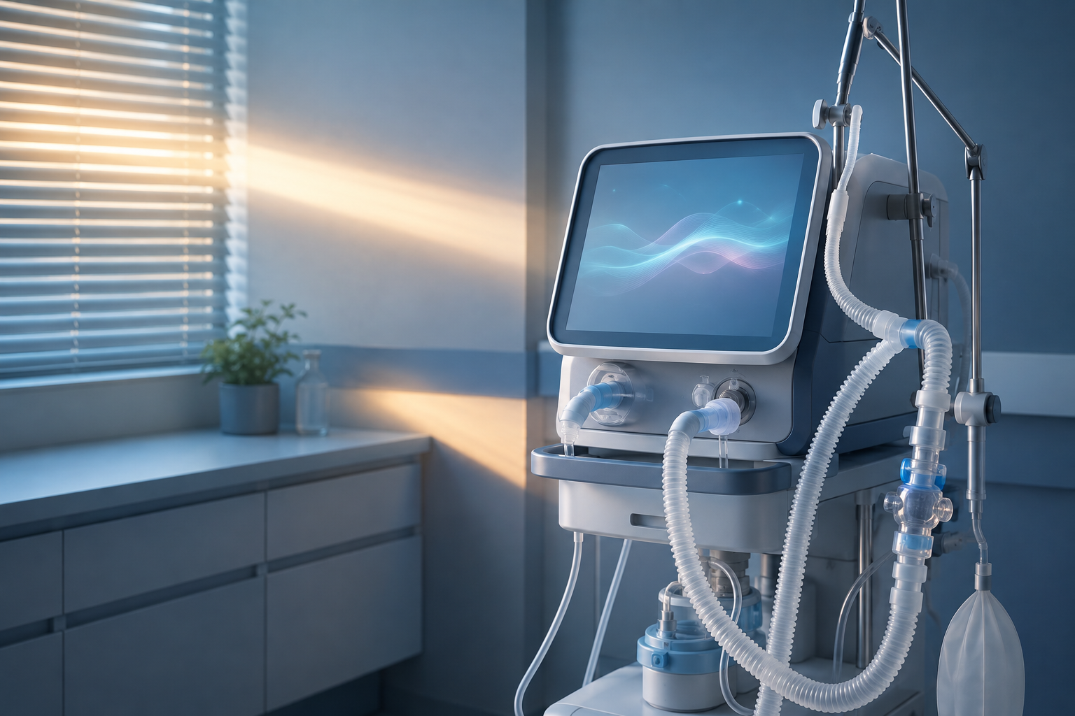 A ventilator and breathing circuit stand in a quiet intensive-care room lit by a narrow beam of morning sunlight.