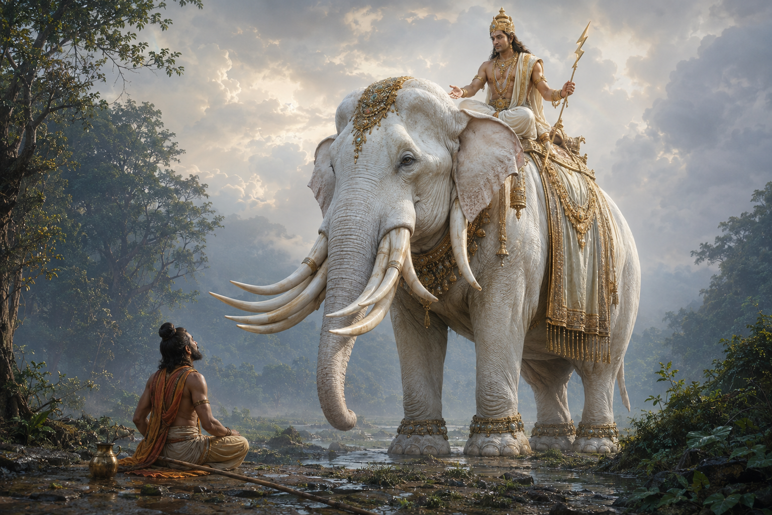 Indra sits on the celestial white elephant Airavata while Utanka listens below in a misty landscape after a storm.