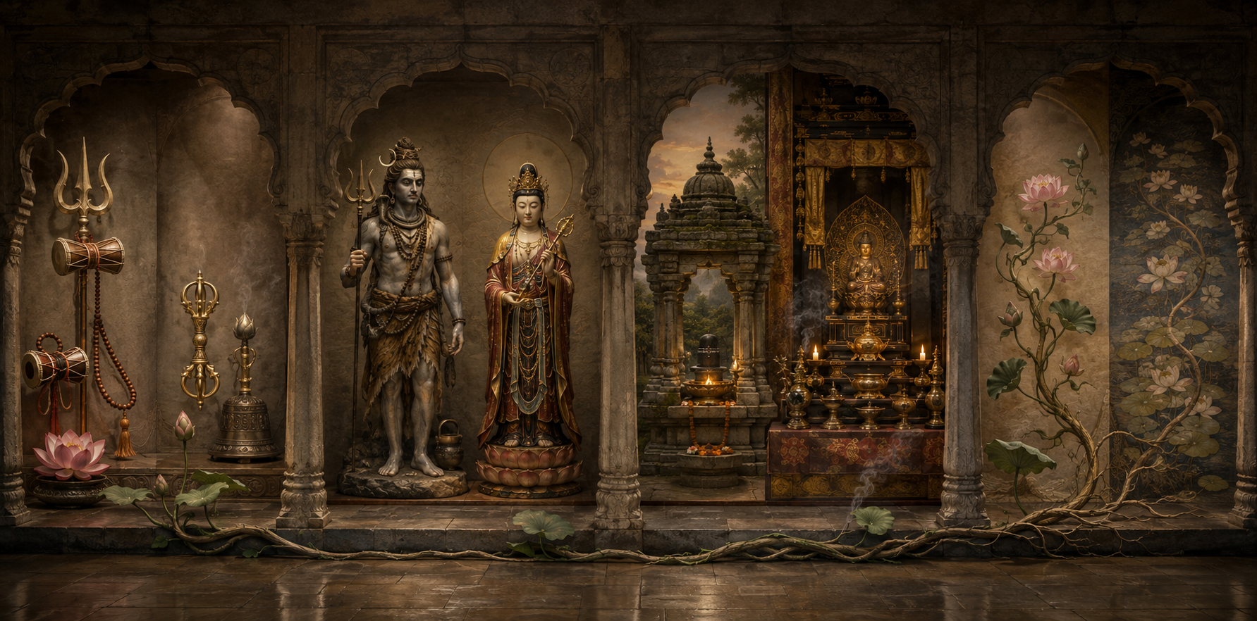 Four visual groupings compare sacred attributes, deity forms, ritual settings, and shared symbolism associated with Maheshwara and Daijizaiten.