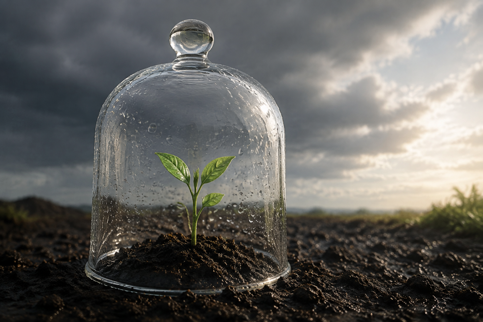A delicate green shoot stands upright under a clear glass shelter as rain clouds begin to recede.