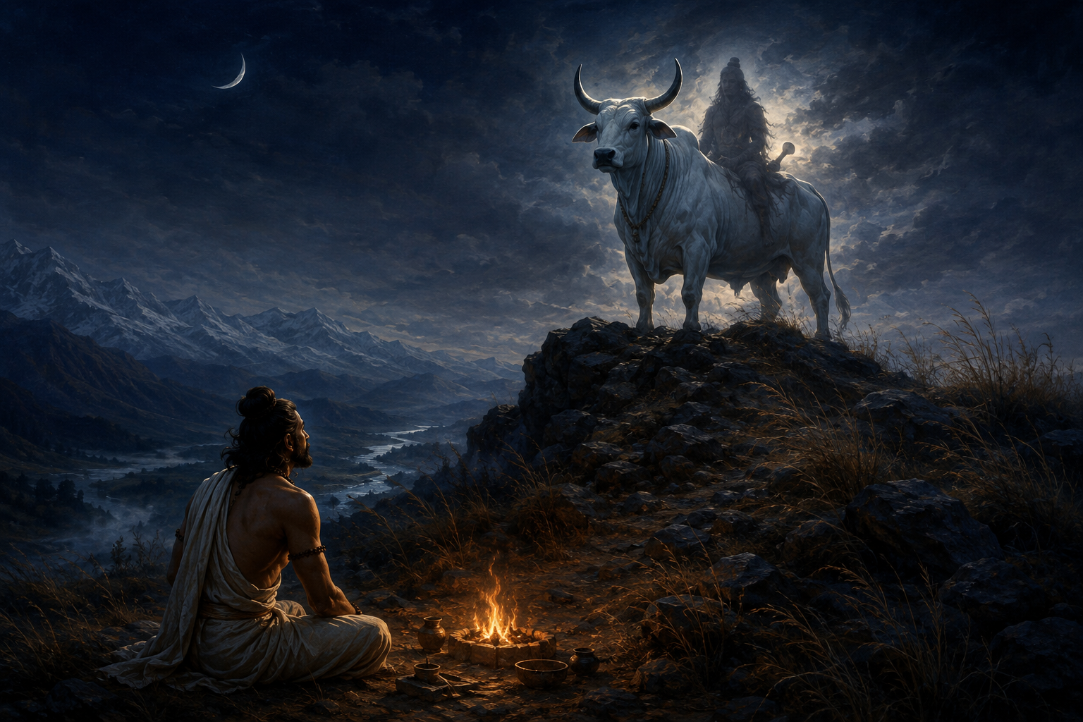 Utanka watches a white bull and an indistinct ascetic rider silhouetted on a ridge beneath a crescent moon.