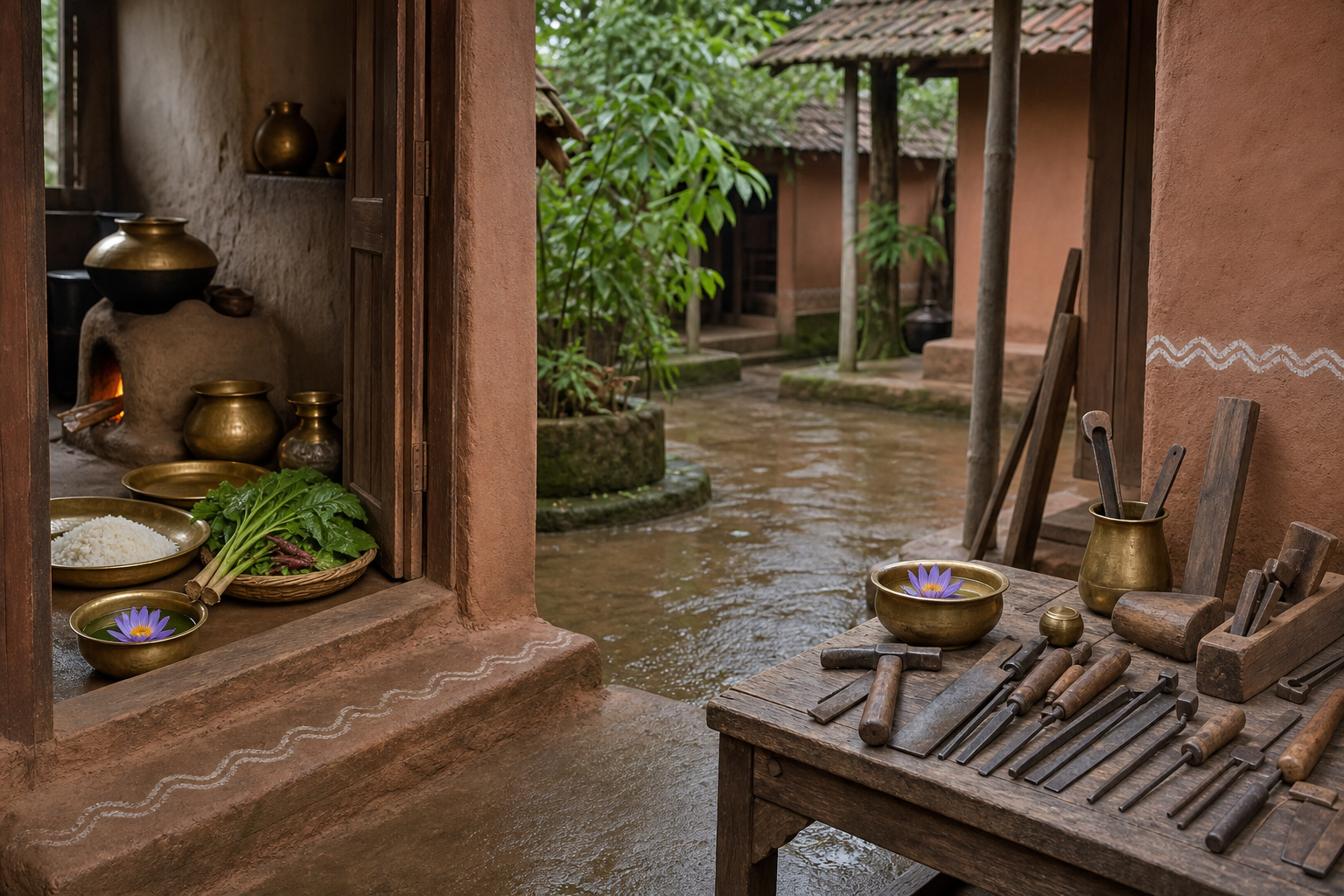 Separate Bengali kitchen and artisan work areas, each prepared with a fresh shaluk water lily among cooking vessels or cleaned hand tools.