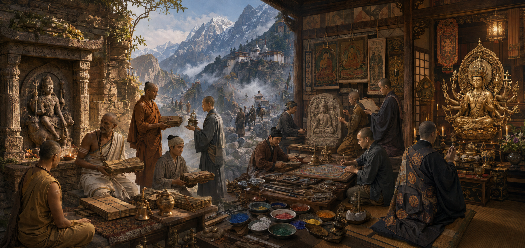 Monks and artisans carry manuscripts and sacred objects from an Indian shrine through Asian monasteries to a Japanese temple where a localized deity image appears on a Buddhist altar.