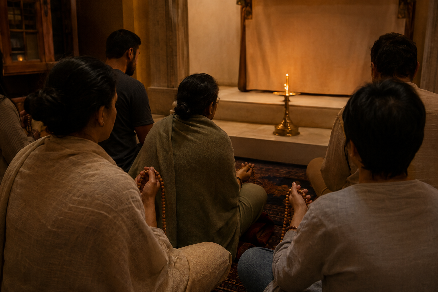 A small group of devotees sits together with prayer beads around a glowing oil lamp in a quiet prayer space.