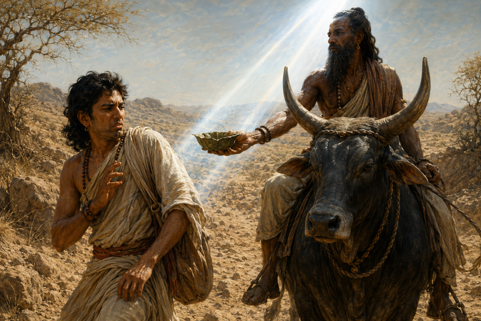 A rider on a bull offers Utanka a leaf vessel as the young traveler recoils and hesitates in a barren landscape.