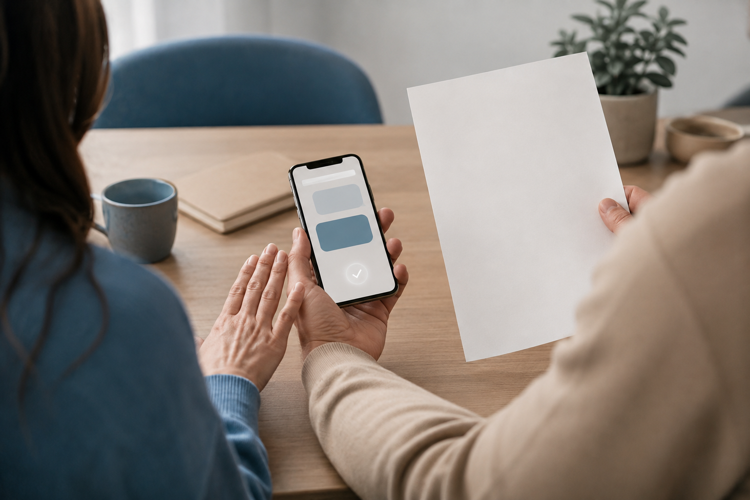 Two people pause to check information on a smartphone and an unmarked sheet of paper before sharing it.