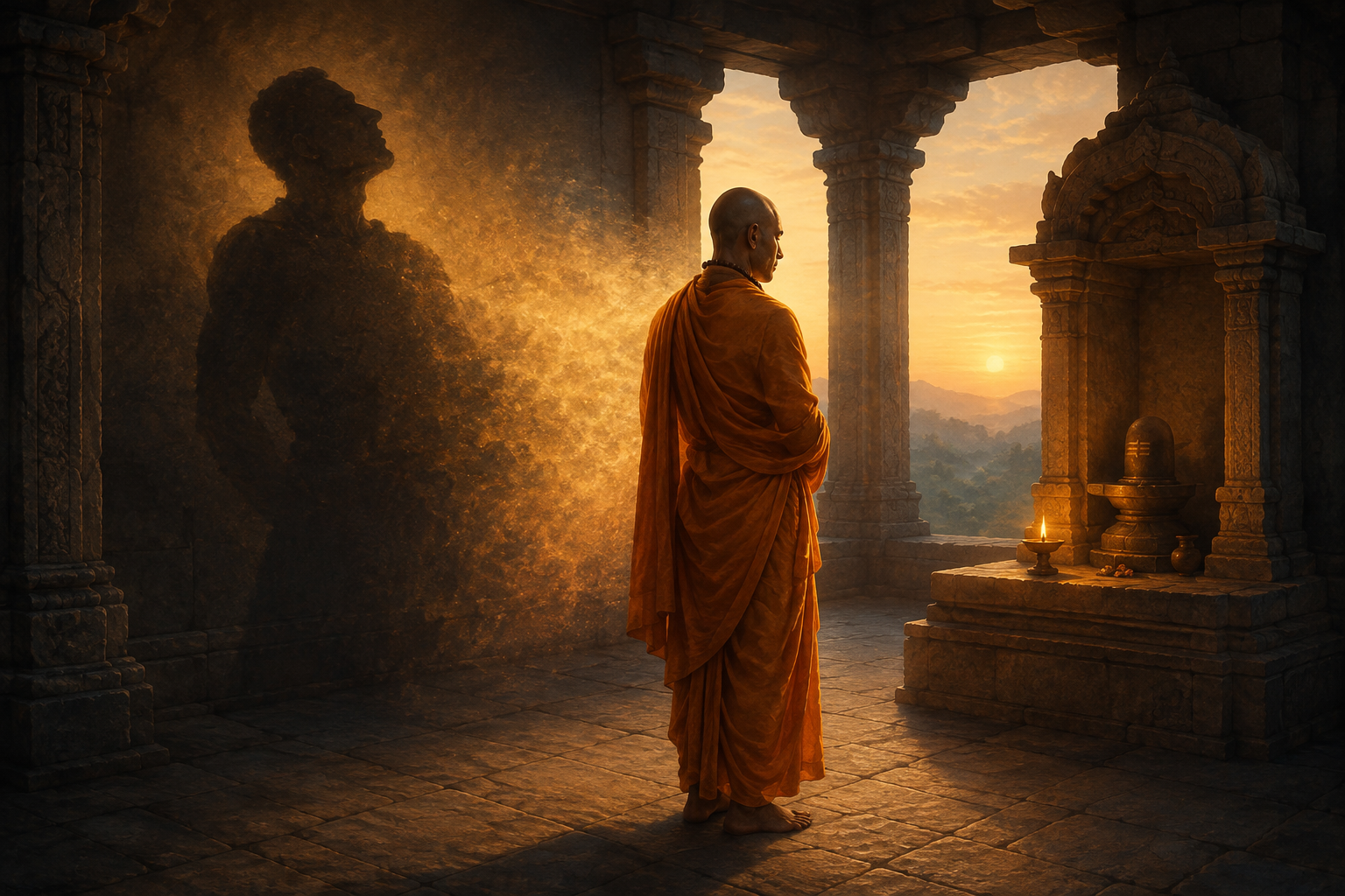 A saffron-robed monk stands before a lamp in a stone temple as his dark shadow dissolves into golden dawn light.