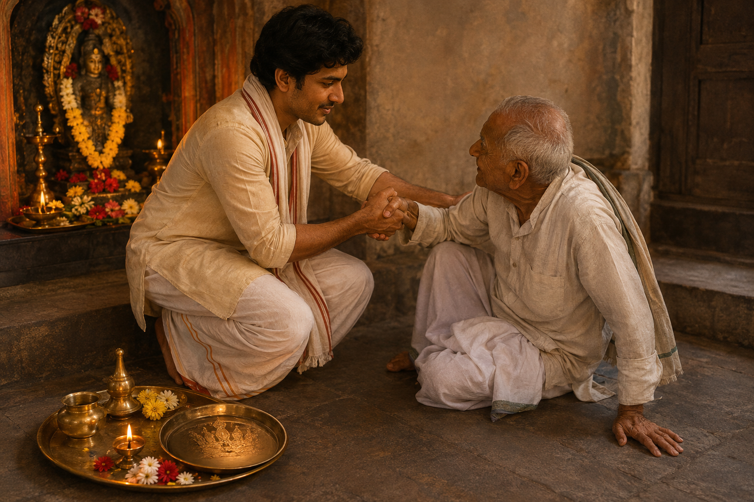 A devotee helps an elderly visitor stand beside a flower-decorated shrine and glowing oil lamp.