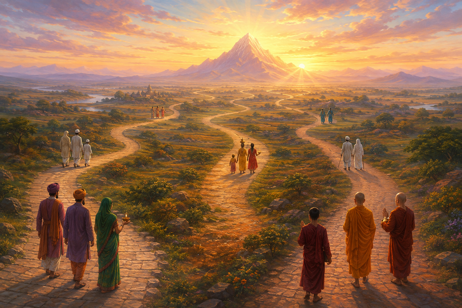 Distinct groups follow separate paths across a sunrise landscape toward the same luminous mountain.