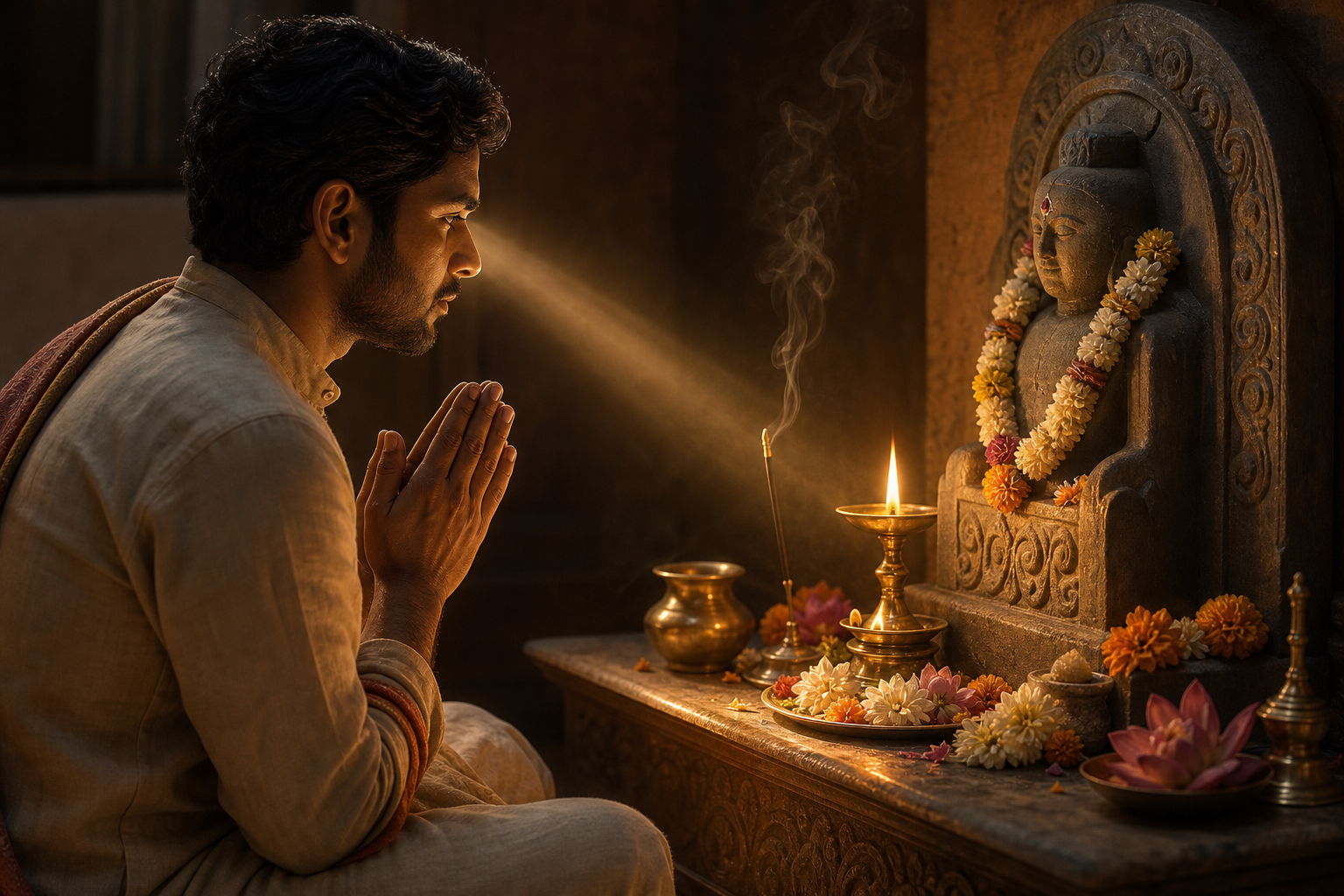 A seated devotee joins their hands before a stone murti illuminated by a brass oil lamp in a home shrine.