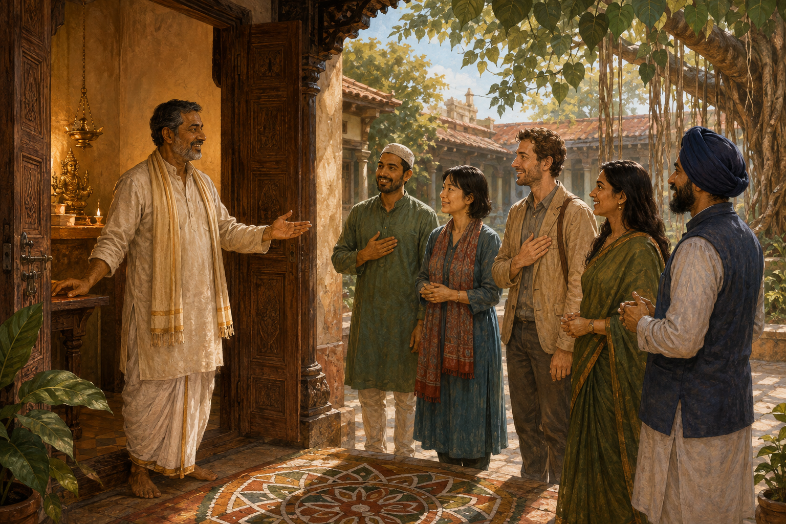 A Hindu householder welcomes guests from varied backgrounds at a courtyard doorway while a household shrine glows inside.