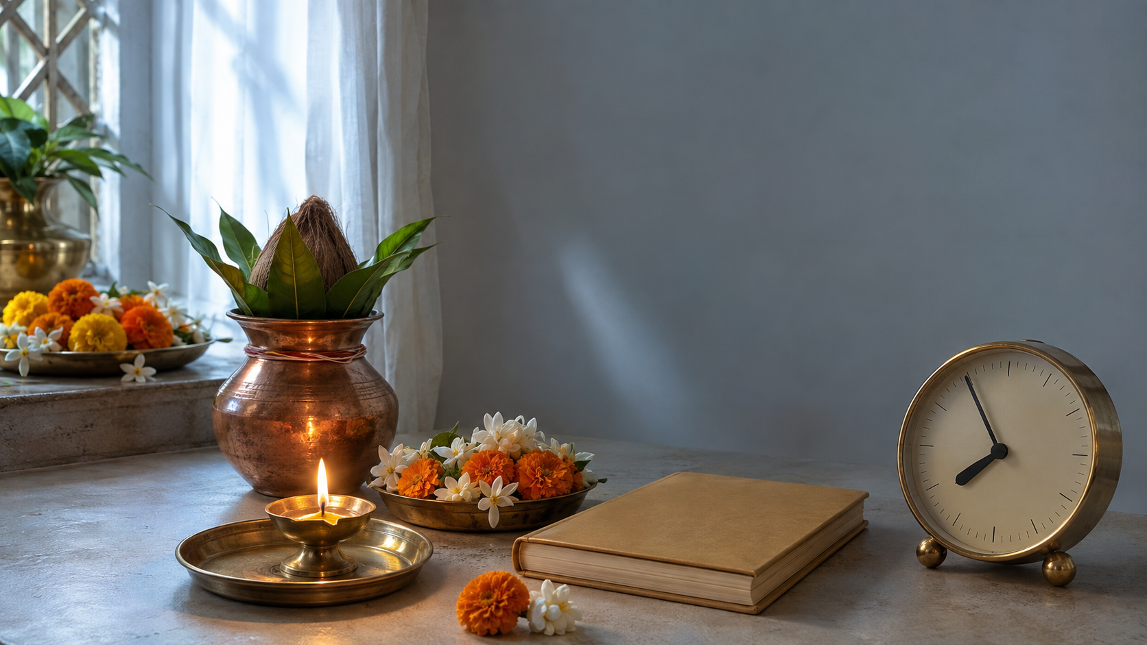A dawn puja setting with a lit brass lamp, copper vessel, fresh flowers, a closed almanac, and an unnumbered analog clock showing about 7:54.