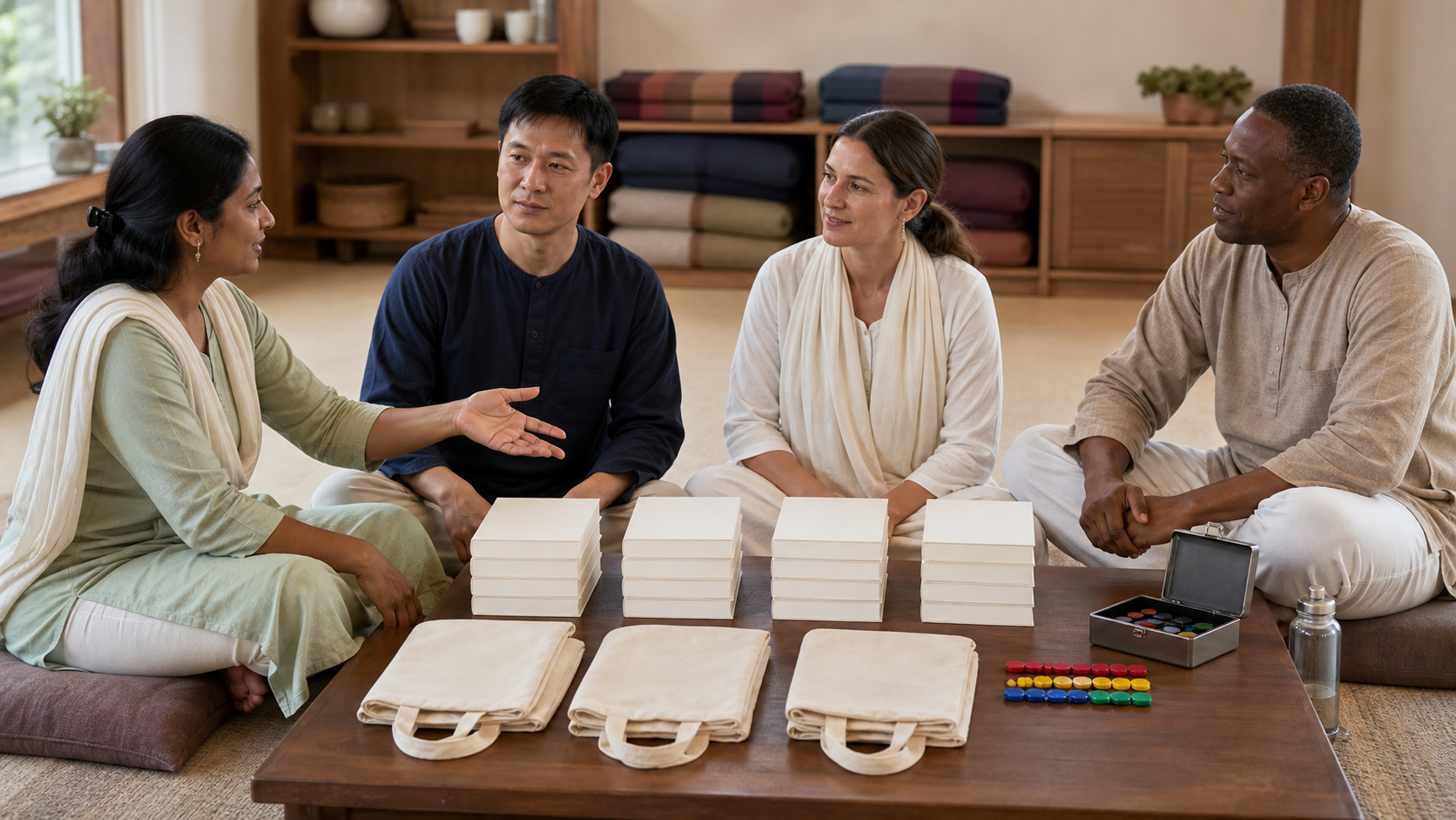 Four volunteers discuss arrangements around a low table holding equal bundles of unmarked books, cloth bags, counting beads, and a small cash box.