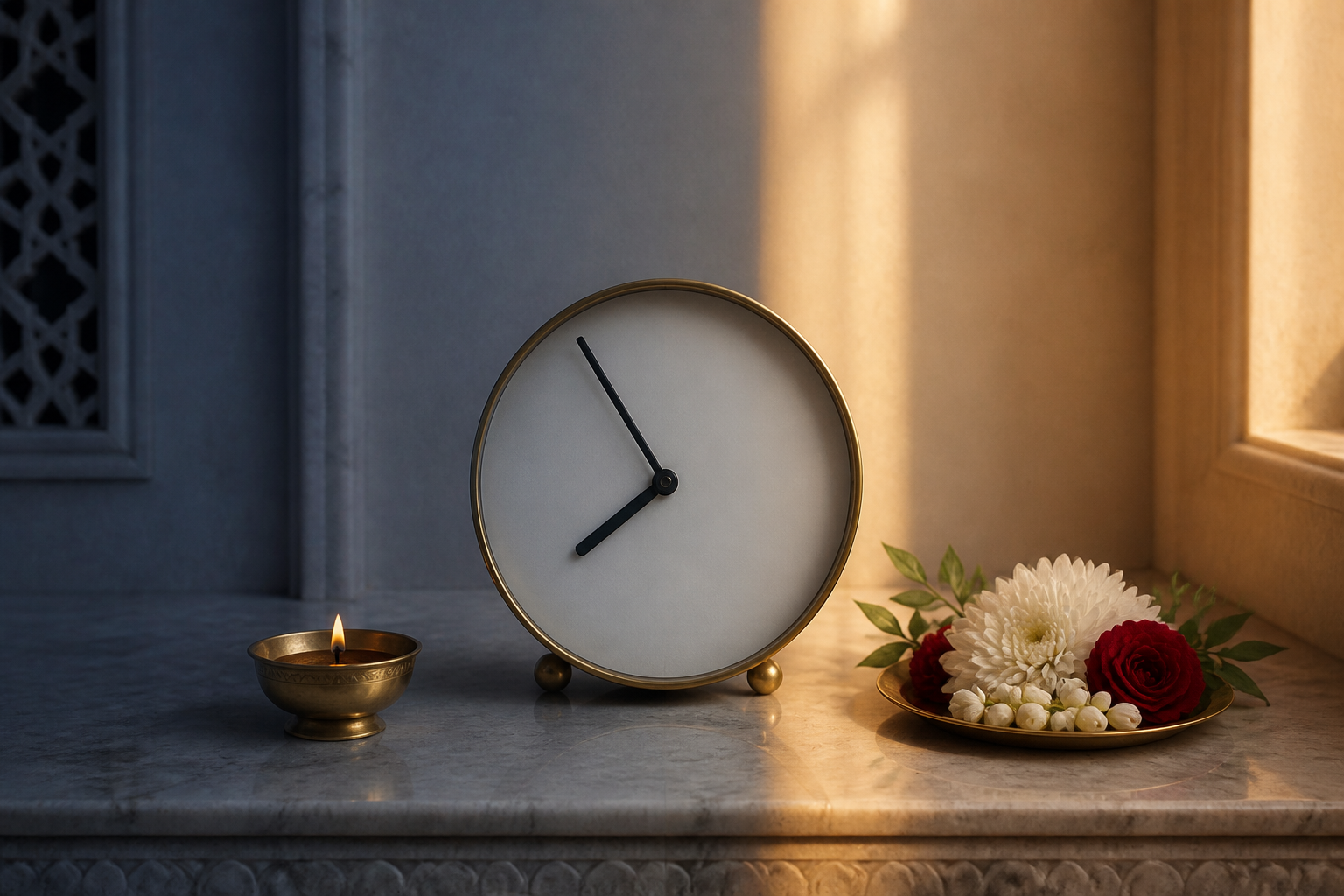 A puja altar divided between cool dawn light and warm morning light, with an unnumbered clock at the center showing about 7:54.