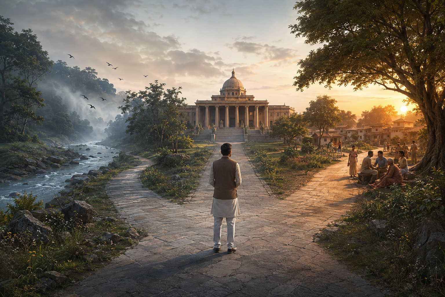 A person stands where paths toward a civic hall, a wild forest, and a small community meet at sunrise.