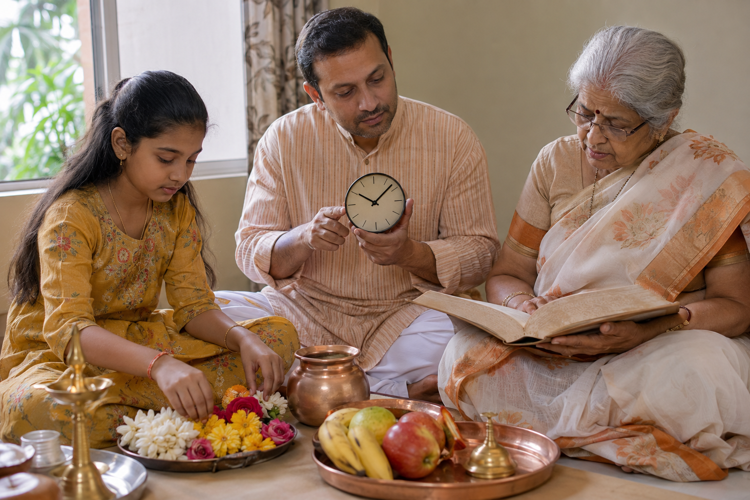 A family prepares a home puja while an elder checks an almanac and another person consults an unnumbered clock.