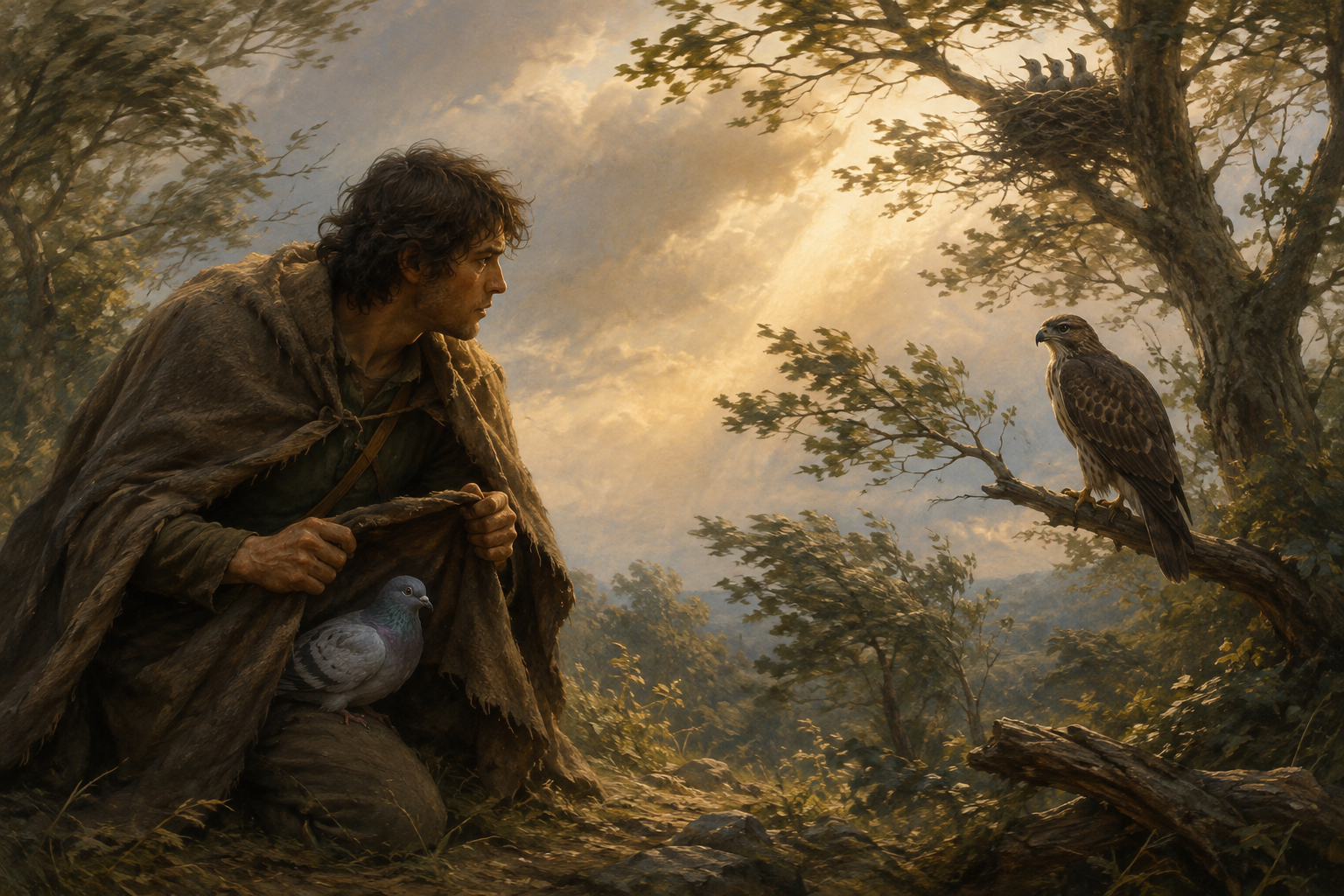 A traveler shelters a pigeon while a hawk waits nearby and nestlings sit in a tree behind it.