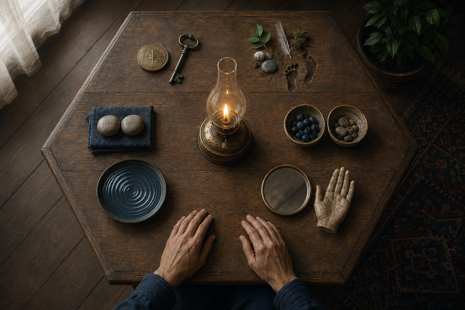 Six groups of symbolic objects surround a glowing lamp on a hexagonal table beside a decision-maker's hands.