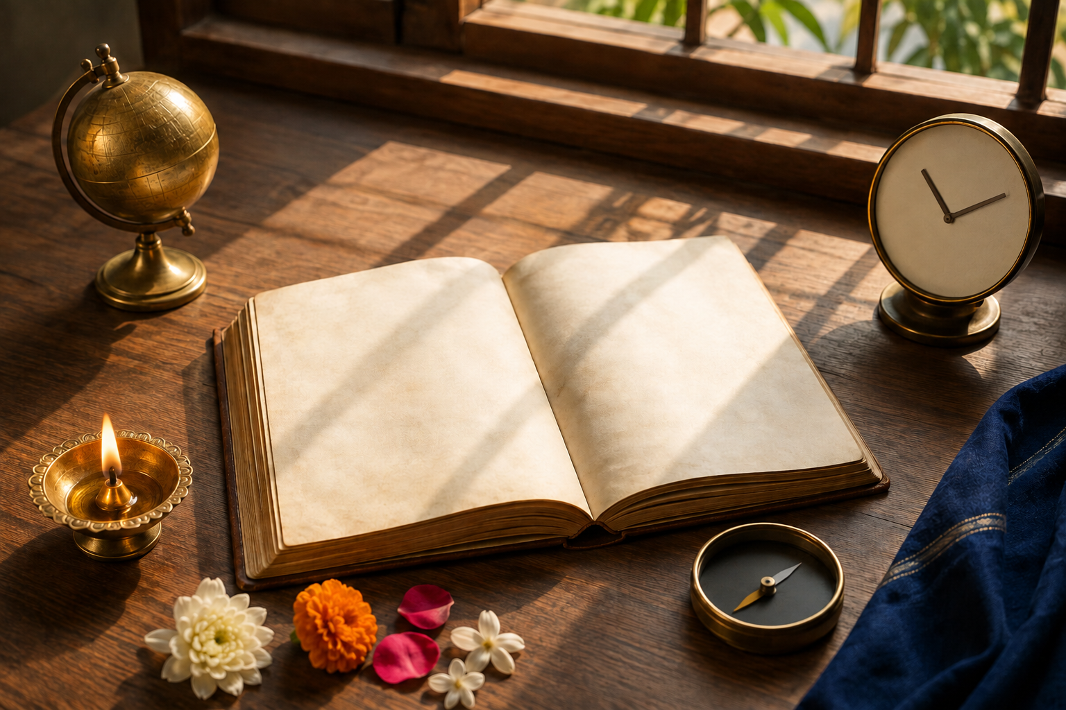 An almanac surrounded by a globe, clock, compass, lamp, and flowers in morning light, representing several factors used in ritual timing.