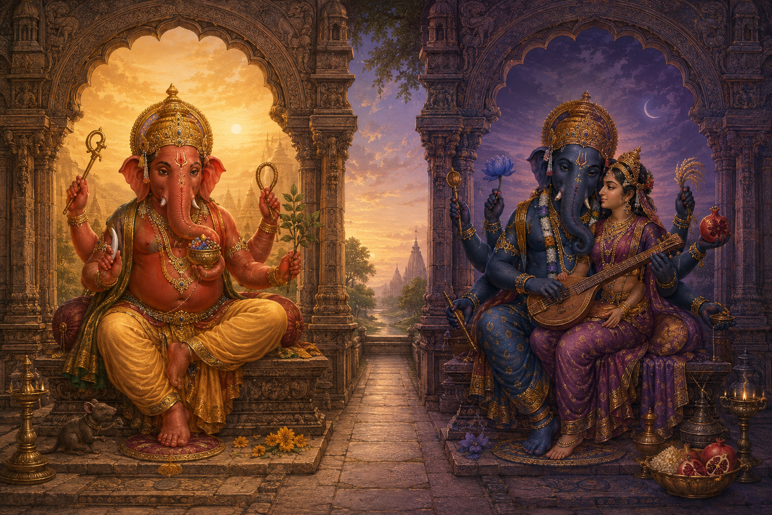 Kshipra Ganapati and Ucchista Ganapati appear in separate temple alcoves connected by a divided stone pathway.