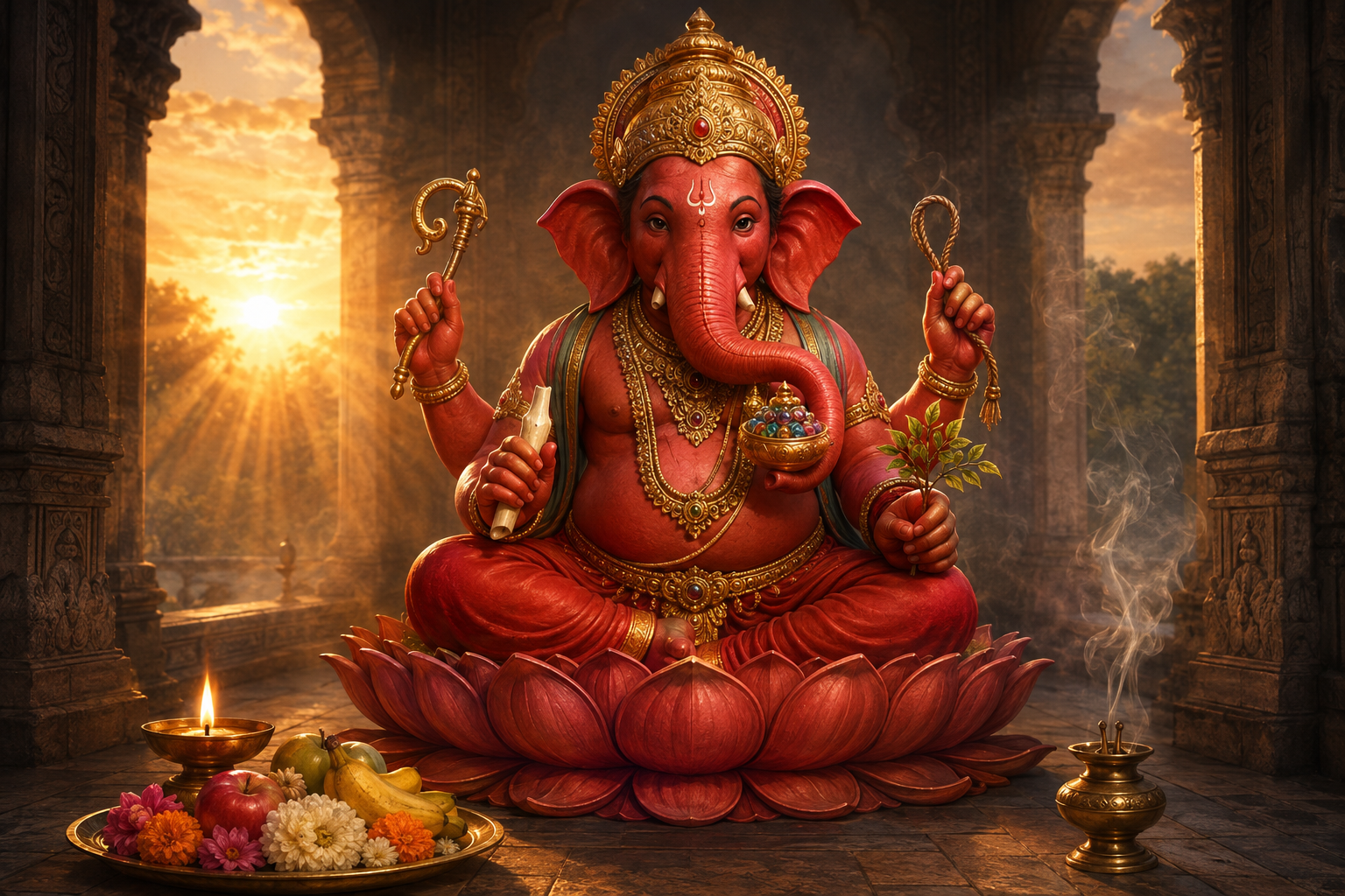 Vermilion Kshipra Ganapati sits in a dawn-lit shrine with four ritual attributes and a jewel vessel held by his trunk.