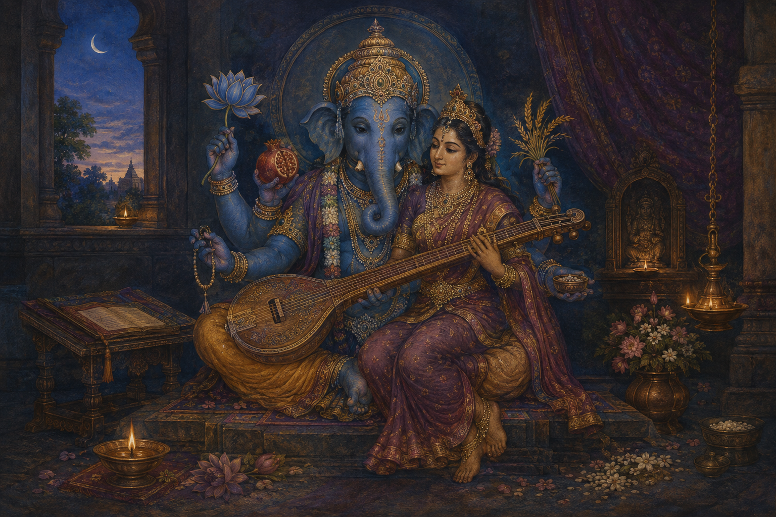 Blue six-armed Ucchista Ganapati sits with his Shakti in a lamplit shrine surrounded by musical, floral, and ritual objects.