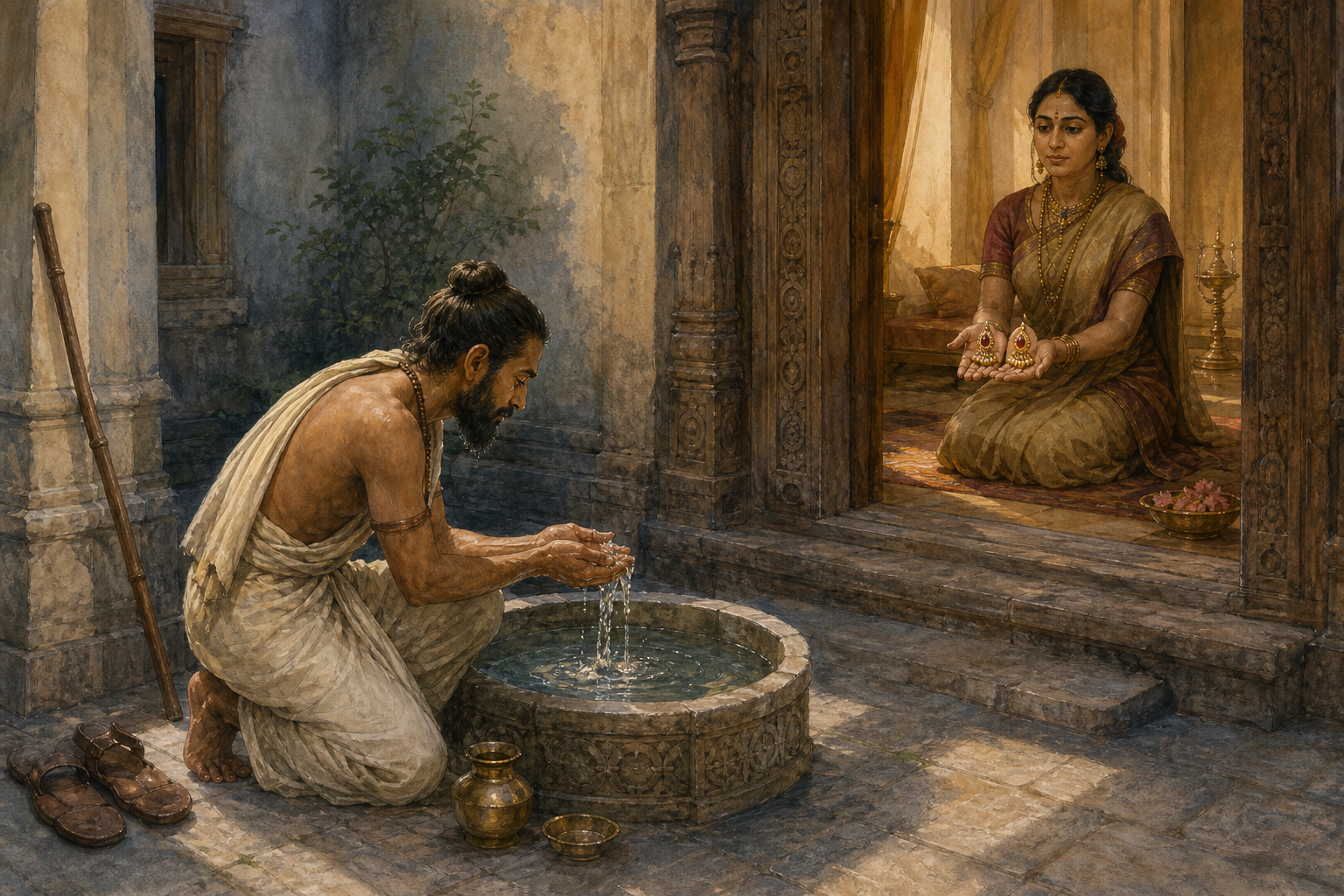 Utanka performs purification with water in a palace courtyard while the queen waits inside holding a pair of jeweled earrings.